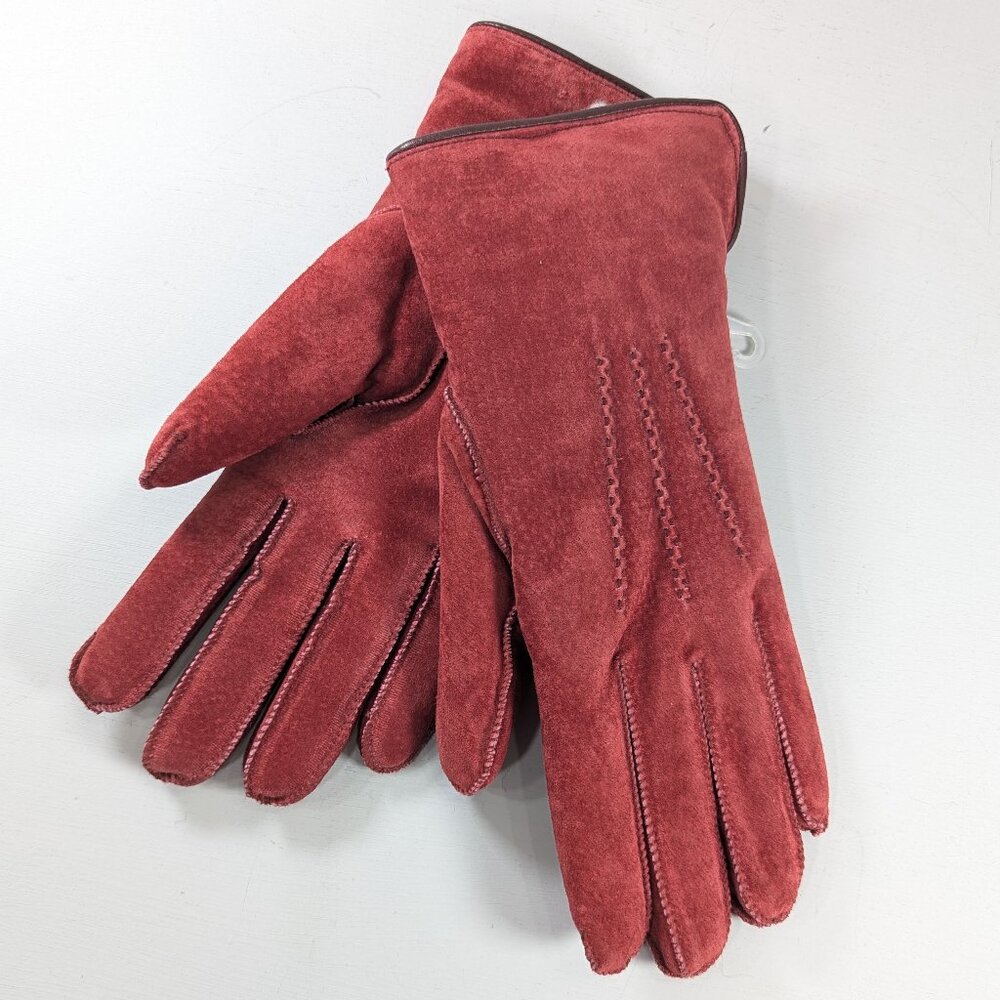 NEW Red Suede-like gloves by EATON ladies size M, white lining 100% Acrylic
